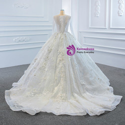 White Tulle Long Sleeve 3D Flower Beading Sequins Wedding Dress